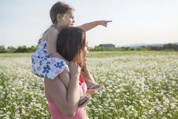 Happy joyful mother with daughter daisy field — Stock Photo, Image