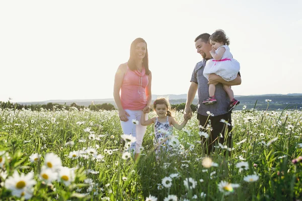 Happy joyful fsther mother with daughters daisy field — Stock Photo, Image