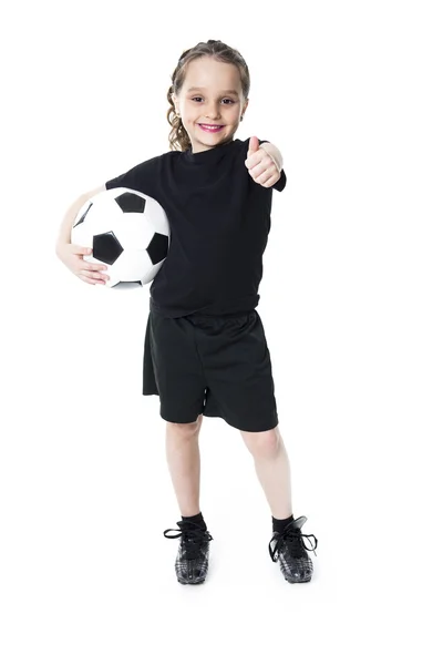 Young girl play soccer ball, Isolated over white — Stock Photo, Image