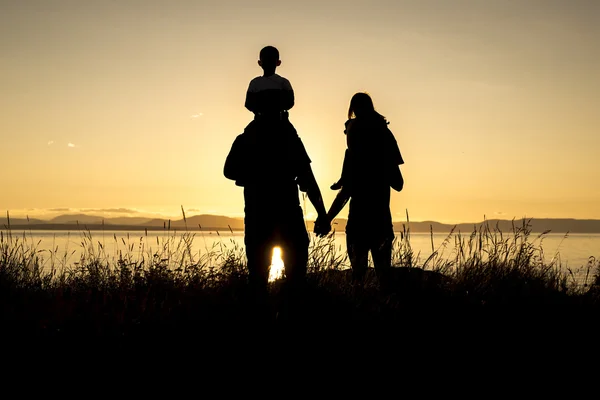 Familj på fyra på sunset skugga svart bakgrundsbelyst — Stockfoto