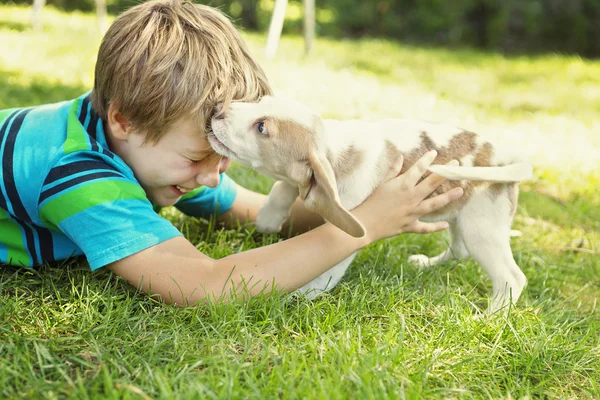 Barn omfamnar kärleksfullt sin hund — Stockfoto