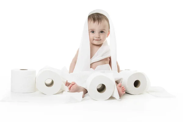 Toddler ripping up toilet paper in bathroom studio — Stock Photo, Image