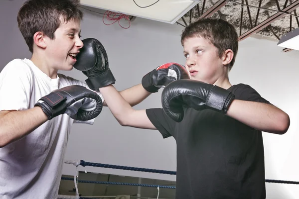 Joven chico con negro boxeo guantes lucha con es hermano —  Fotos de Stock