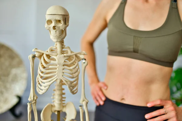 Mulher segurando um modelo realista de um crânio humano — Fotografia de Stock