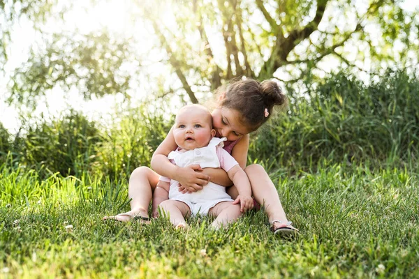 Happy adorable chubby baby girl sitting on the grass with her daughter sister — Stock Photo, Image