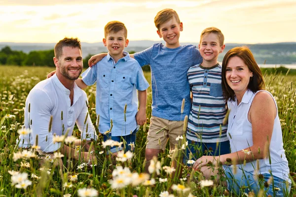Šťastná rodina na sedmikráskovém poli při západu slunce se skvěle baví — Stock fotografie