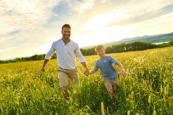 Happy family of father and child on field at the sunset having fun walking on grass — Stock Photo, Image