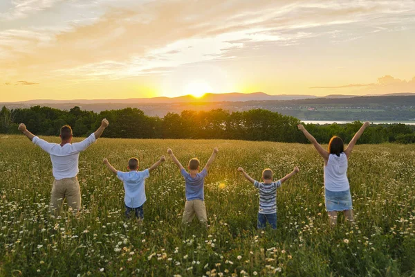 Felice famiglia sul campo margherita al tramonto avendo grande tempo insieme vista posteriore — Foto Stock