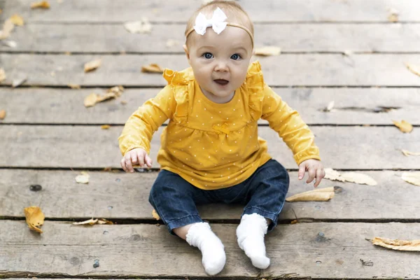 Baby sit on bridge with maple fall leaves close — Stock Photo, Image