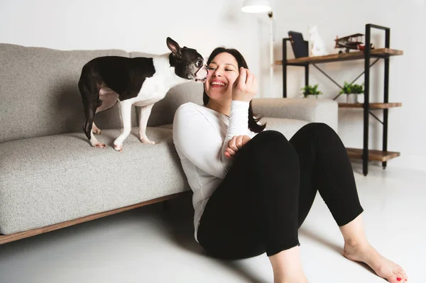 Mujer con es Boston Terrier en el salón — Foto de Stock