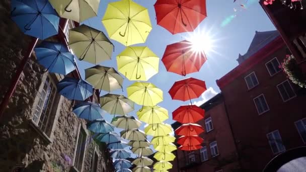 Lote de guarda-chuvas em Petit Champlain rua Quebec cidade — Vídeo de Stock