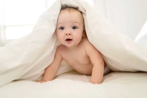 부모의 침대에 담요를 덮은 채누워 있는 아기의 모습 — 스톡 사진