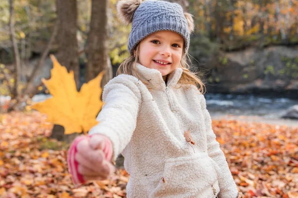 Herbstporträt von süßen Mädchen, die Spaß mit Blatt haben — Stockfoto