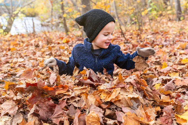 가을에는 귀여운 소년이 나뭇잎 위에 앉아 있다 — 스톡 사진