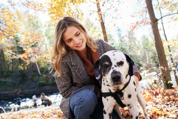Девушка и ее собака-далматинец в парке осенью — стоковое фото