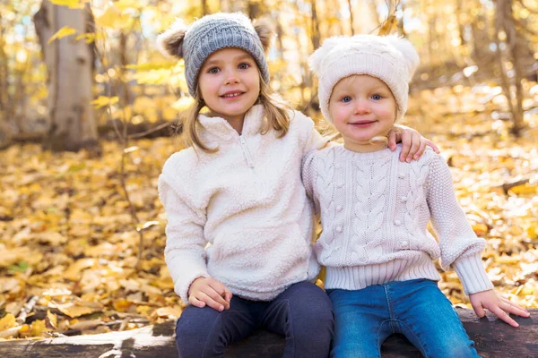 Niedliche kaukasische Kinder sitzen im Herbst draußen auf Baumstämmen — Stockfoto