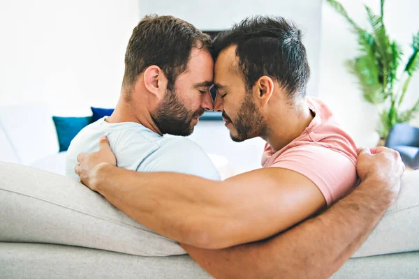 かわいいです男性ゲイカップルの肖像-ホーム — ストック写真