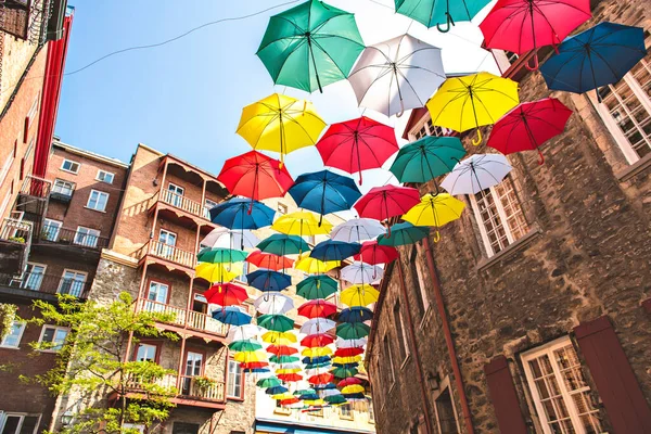 Lot of Umbrellas in Petit Champlain street Quebec city — Stock Photo, Image