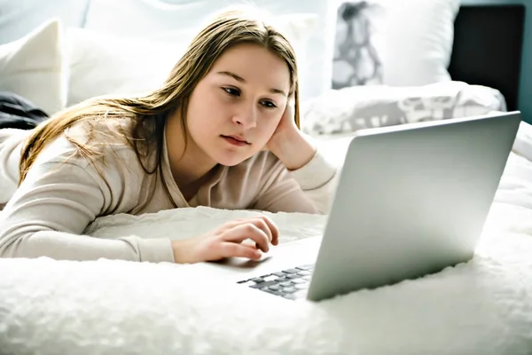 Een jong lachend tiener meisje op bed met laptop — Stockfoto