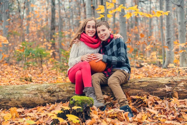 Portret dwojga młodszego brata i siostry w sezonie jesiennym na zewnątrz — Zdjęcie stockowe