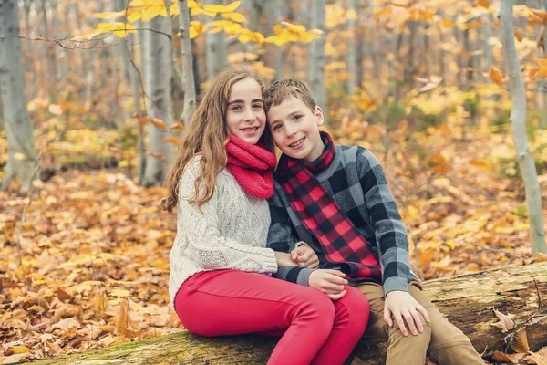 Retrato de dos hermanos menores en la temporada de otoño afuera —  Fotos de Stock