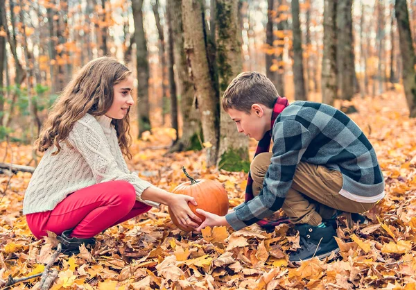 Portrait de deux enfants frère et sœur en automne en dehors de la saison — Photo