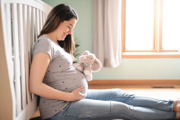 A Beautiful Pregnant mother on baby room — Stock Photo, Image