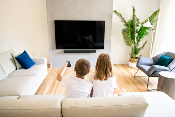 Um irmão e uma irmã de família segurando controle remoto e assistindo a um programa de TV. Visão traseira — Fotografia de Stock