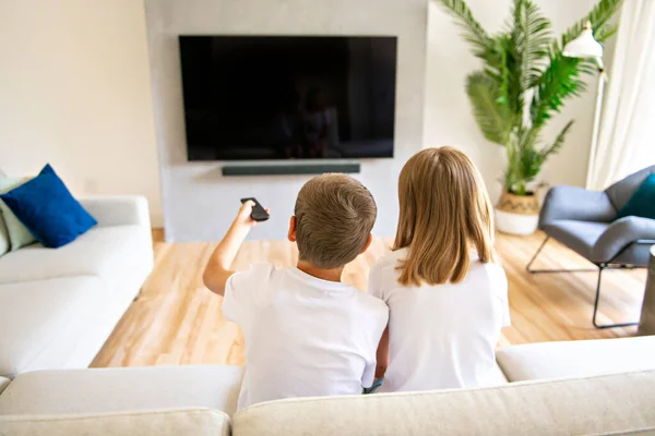 Um irmão e uma irmã de família segurando controle remoto e assistindo a um programa de TV. Visão traseira — Fotografia de Stock