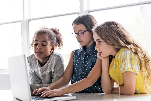 Grupo de crianças curiosas assistindo coisas na tela do laptop — Fotografia de Stock