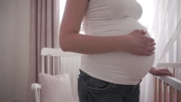 Ciężarna kobieta spodziewa się dziecka dotykającego jej brzucha — Wideo stockowe