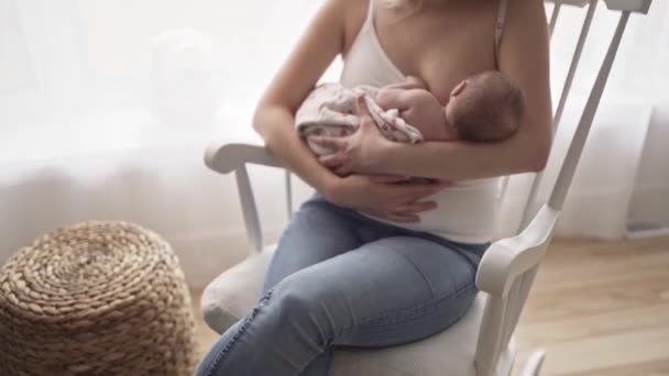 Мати годує свою маленьку дівчинку на руках . — стокове відео