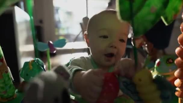 Feliz seis meses bebé niña jugar en colorido juguete — Vídeo de stock