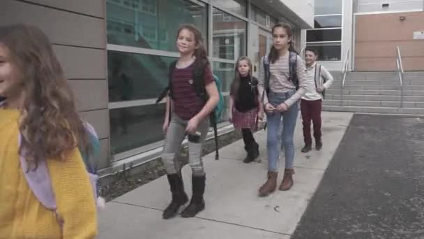 Groep kinderen blij om schooldag af te maken — Stockvideo