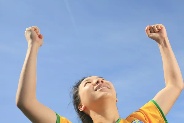 Portrait of young Asian girl with soccer ball. — Stock Photo, Image