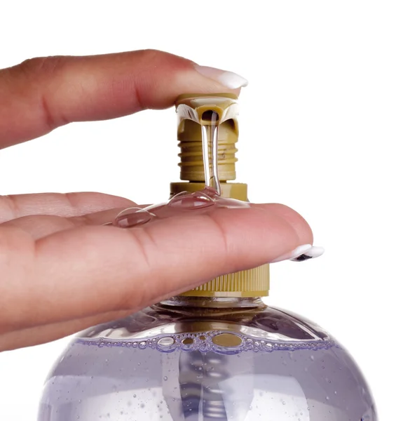 Een handzeep met pompende lotion uit fles — Stockfoto