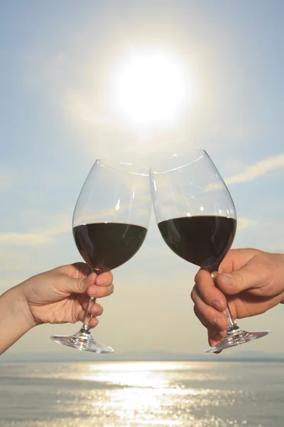 Una pareja bebiendo una botella de vino tinto afuera —  Fotos de Stock