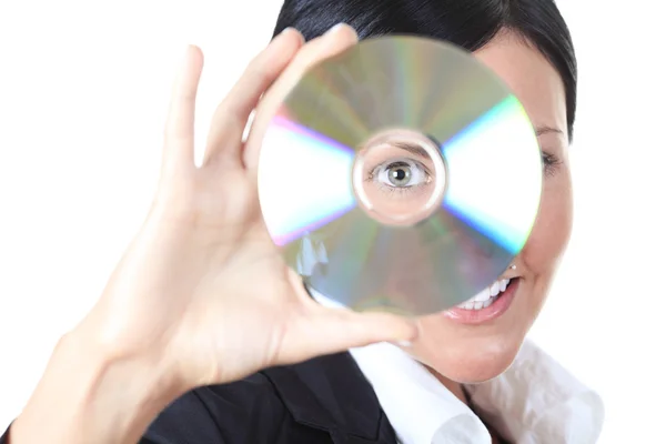 Vår nya programvara. Kvinna anläggning CD-skiva. Huvud och axlar — Stockfoto