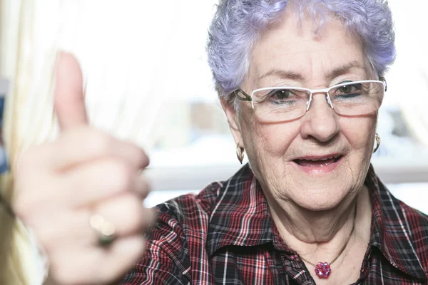 Um retrato de uma mulher idosa feliz em casa — Fotografia de Stock