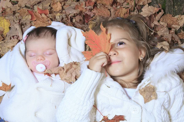 Küçük bebek ile sarı akçaağaç sonbahar ormandaki yaprakları — Stok fotoğraf