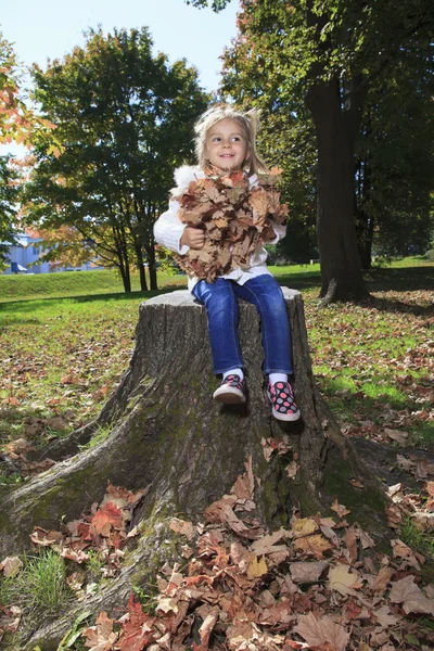 Kleine baby in herfst bos met gele maple verlaat — Stockfoto