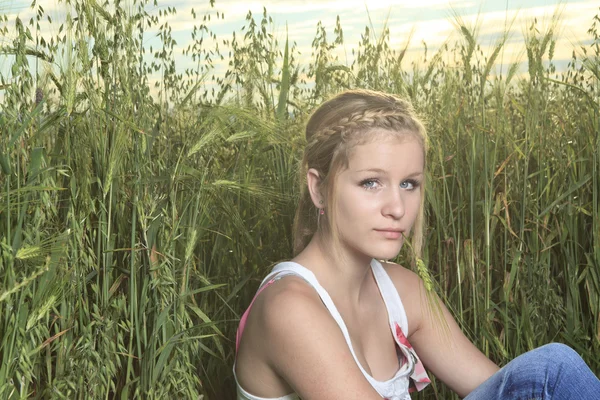 Elegante mooi meisje op het veld — Stockfoto