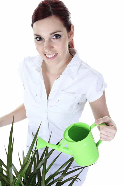 Beautiful Happy Woman Holding Watering Can. Isolated On White — Stock Photo, Image