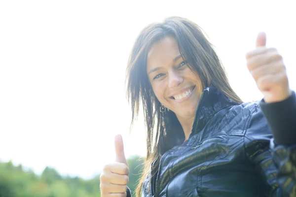 A woman portrait in nature with waterfall on the back — Stock Photo, Image