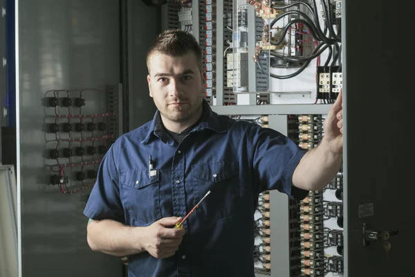 Portret van een gelukkig werknemer in een fabriek — Stockfoto