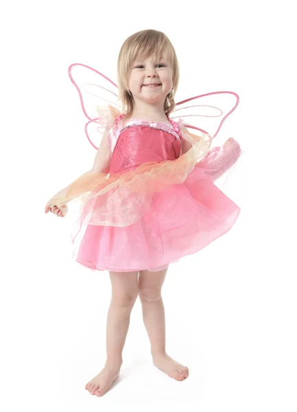 Little girl in butterfly costume on white background — Stock Photo, Image