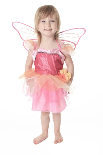 Menina em traje de borboleta no fundo branco — Fotografia de Stock