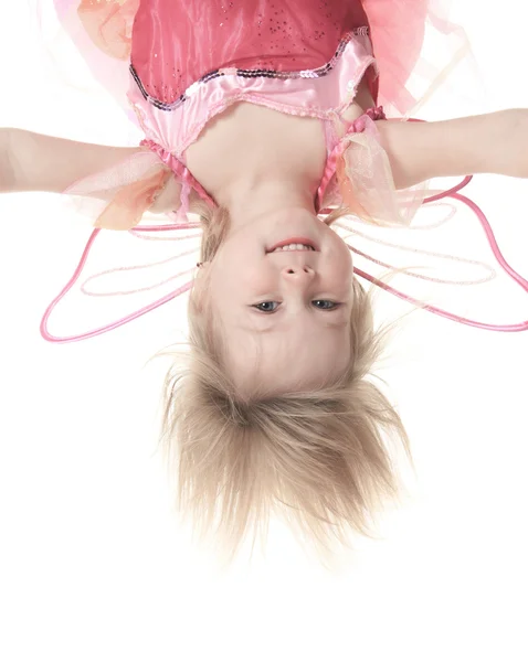 Menina em traje de borboleta no fundo branco — Fotografia de Stock