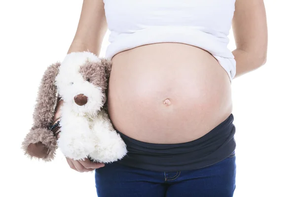 En gravid kvinne som kjærtegner magen over hvit bakgrunn – stockfoto