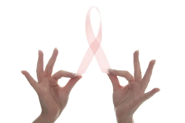 Hand göra Rosa bandet för bröstcancer symbol på vit ba — Stockfoto